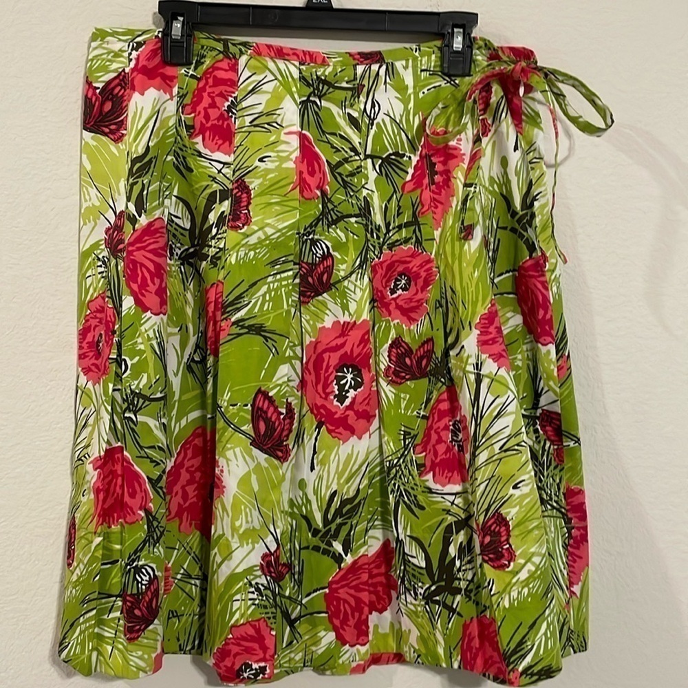 Talbots Women’s Midi Skirt Size 14 Green & Pink Tropical Floral Pleated Colorful